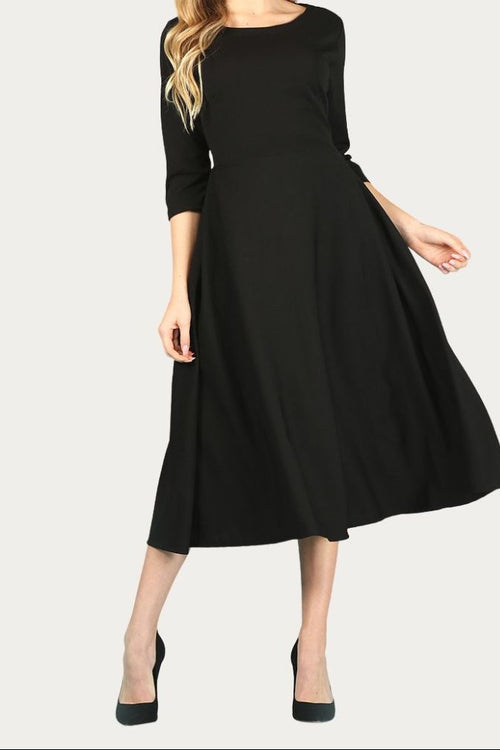 Midi, A-Line Dress with 3/4 Sleeves and Pockets