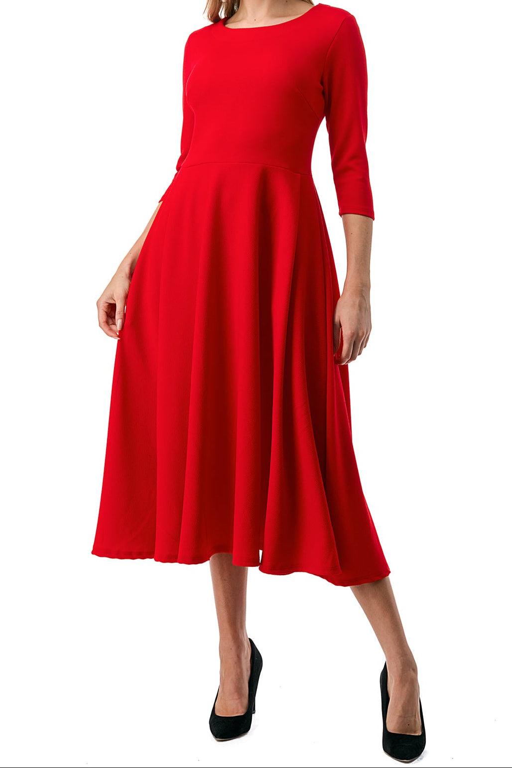 Midi, A-Line Dress with 3/4 Sleeves and Pockets